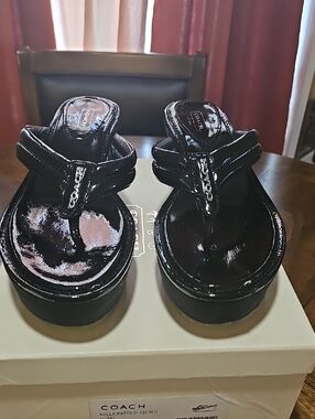 Coach Black Patent Platform Thong Sandals